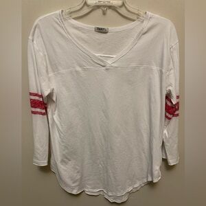 TNA White Long Sleeve Tee with Red Sleeve Stripes